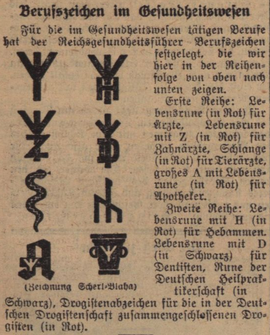 Zeitungsausschnitt mit den Symbolen, die Reichsgesundheitsführer Conti für die medizinischen Berufsgruppen festlegte.