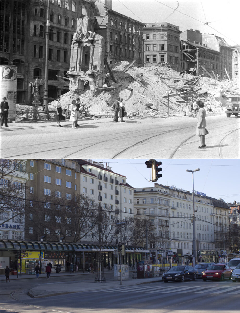 Vergleichsbild Adlergasse 1946 – heutige Situation