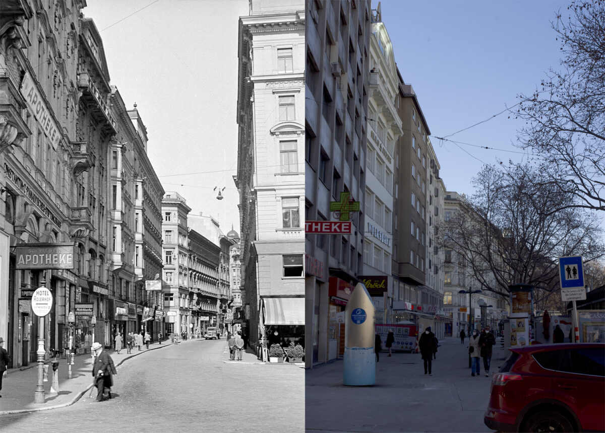 Vergleichsbild Adlergasse 1942 – heutige Situation