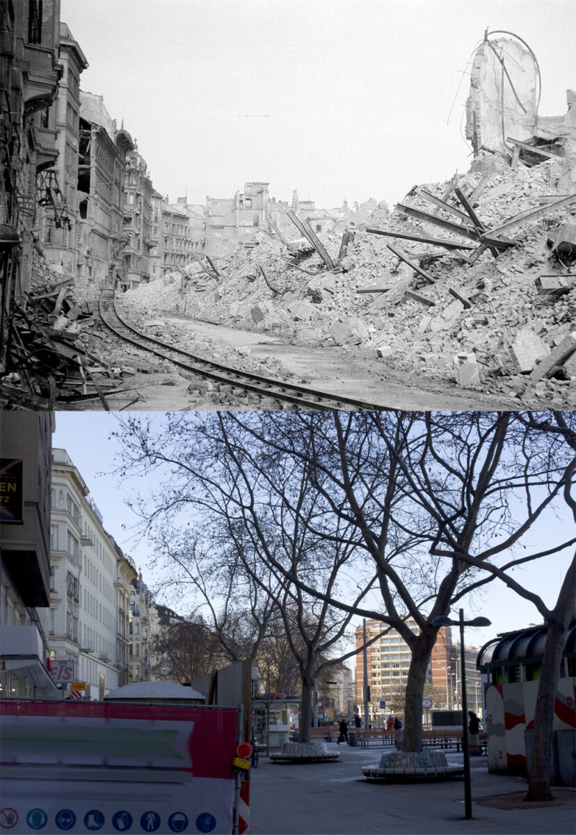 Vergleichsbild Adlergasse 1946 – heutige Situation
